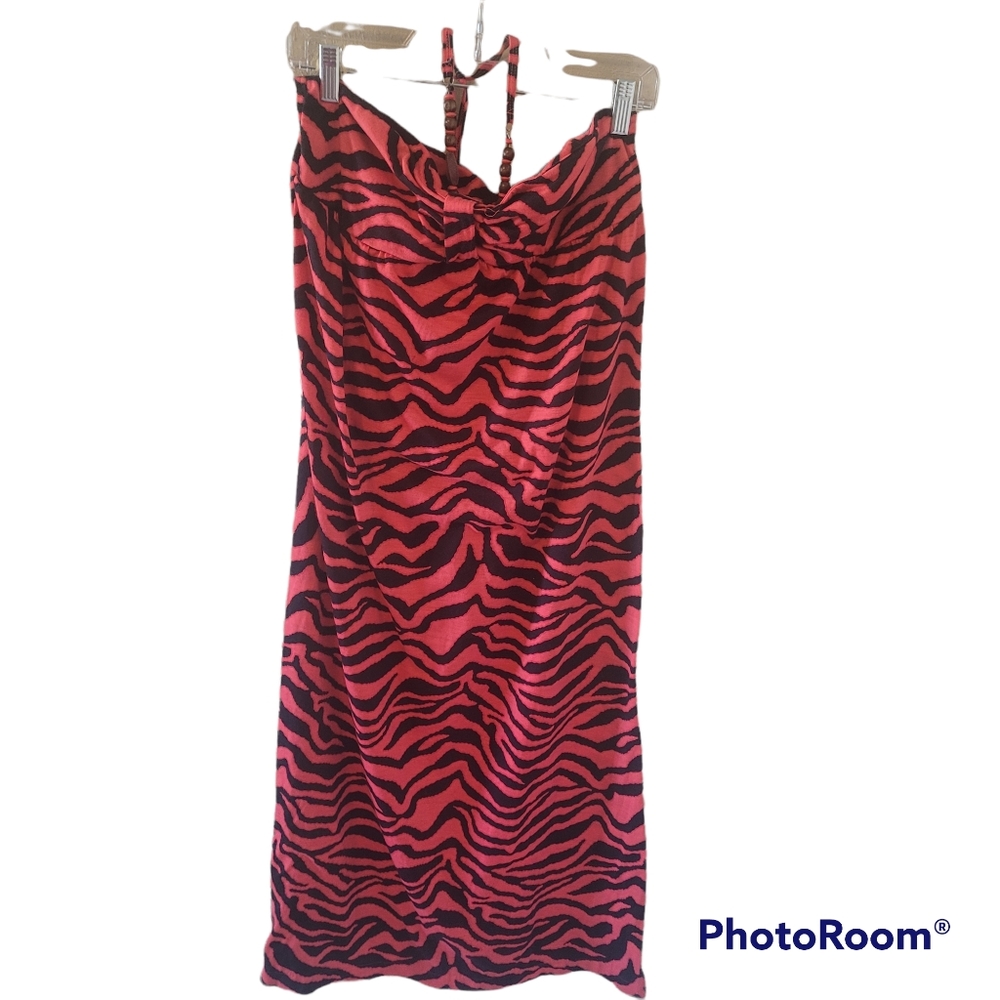 No boundaries Red & black zebra print halter dress. Brown & red beading.